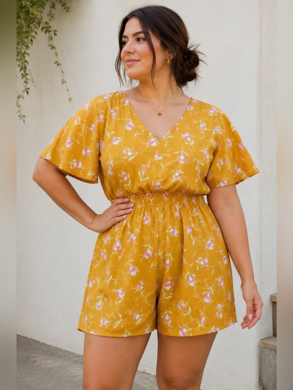 Ava & Viv Mustard Floral Romper 2X NWT Plus Size Boho Cottagecore